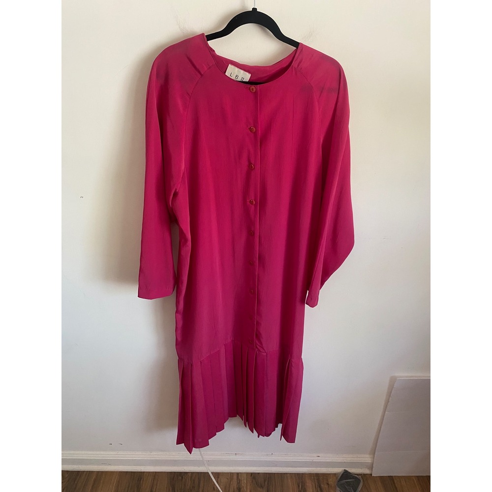 LBII Vintage Pink Jacquard Drop Waist Pleated Midi Dress Long Sleeve Fuchsia L